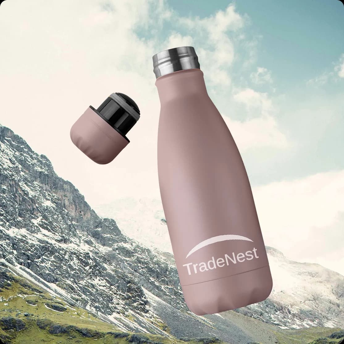 TradeNest logo branded water bottle mockup showcasing product packaging design